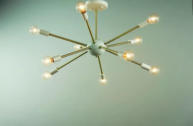 Mid Century Modern Brushed Brass And Matte White Finish Brass Sputnik Chandelier