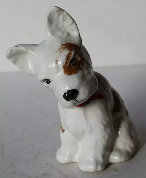 Terrier Dog Figurine Tilted Head Red Collar Ceramic Porcelain Hand Painted VTG -