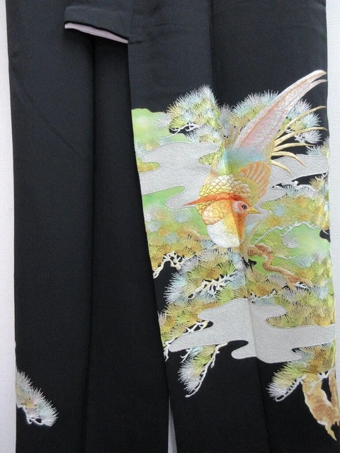 7885M1 Silk Vintage Japanese Kimono Tomesode Embroidery Birds Tall 3