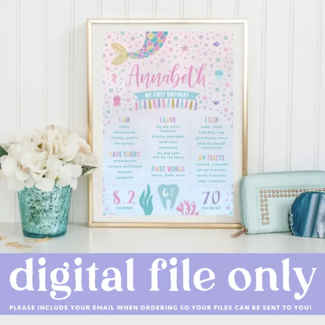 Printable First Birthday Mermaid Milestone Board, Under The Sea 1st Party Decor