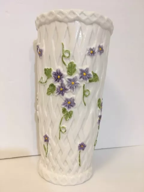 Vintage Basket Wave Floral Porcelain Hand Painted Purple Flower Vase, 9.3"