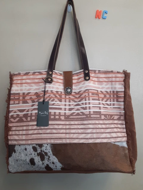 Myra Bag XL Coral Blossom Weekender Tote Upcycled Hairon Canvas Leather Handles