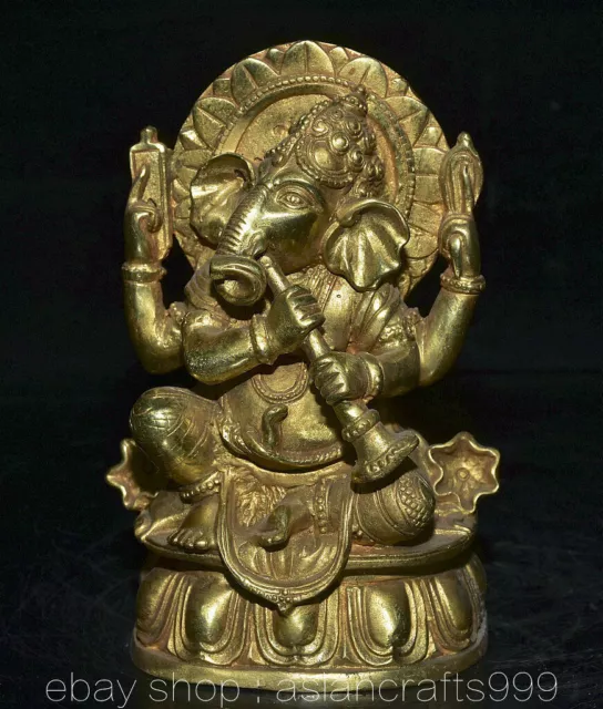 6" Altes Tibet Kupfer Vergoldet 4 Arme Ganesh Lord Ganesha Elefant Buddha Statue