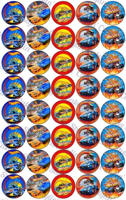 40 x Hot Wheels Cars Cupcake Toppers Edible Wafer Paper Kids BIRTHDAY Cake 3.5cm