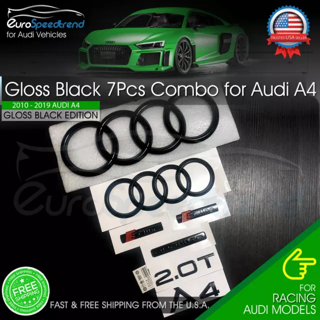 Audi A4 Front Rear Rings Emblem Gloss Black SLine Quattro 2.0T Set 7PC 2008-2019