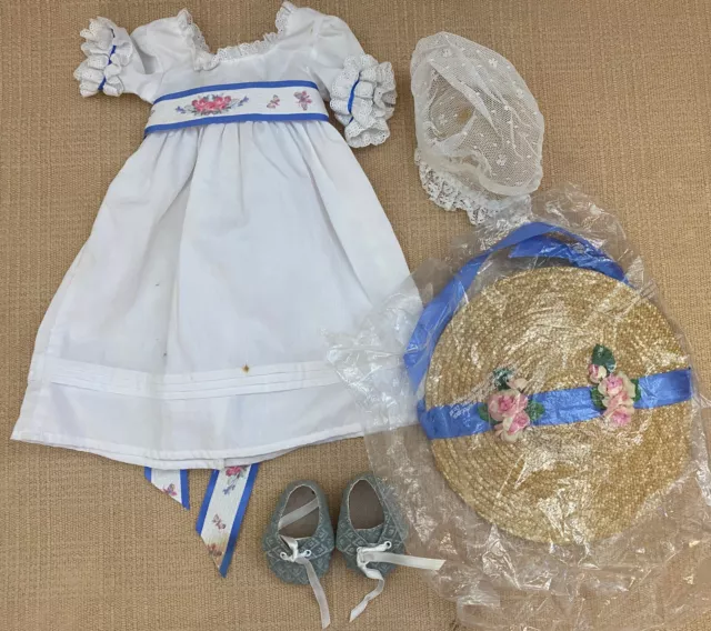 AMERICAN GIRL Felicity Summer Dress Outfit Shoes Sash Bonnet Hat Pleasant Co