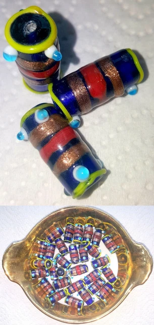 5 Lampwork Glas Perlen Beads Walze blau-bunt 24 x 11 mm NEU