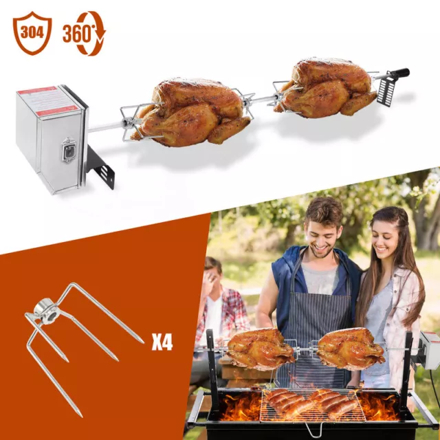 BBQ Grillspieß Camping 117 cm Spießen Edelstahl Motor 4x Fleischnadel Drehspieß