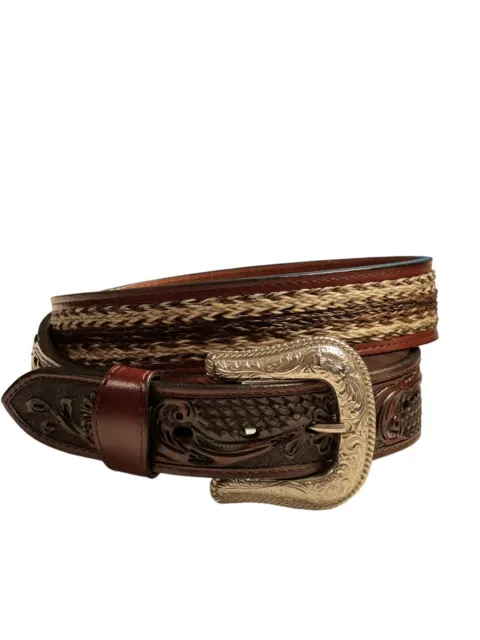 Genuine Hand Tooled Western Brown Leather Belt With Horsehair