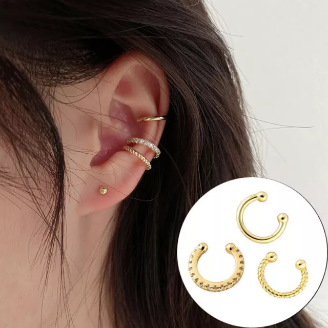 Ear Cuff 3pcs Set Sterling Silver Round CZ Gold Plated Cartilage Helix Clip On