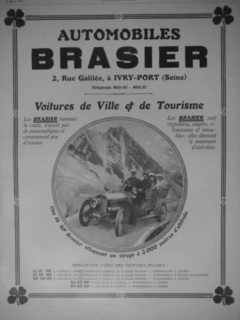 Publicité De Presse 1908 Automobiles Brasier Voitures De Ville Et Tourisme