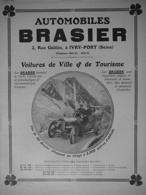 Publicité De Presse 1908 Automobiles Brasier Voitures De Ville Et Tourisme