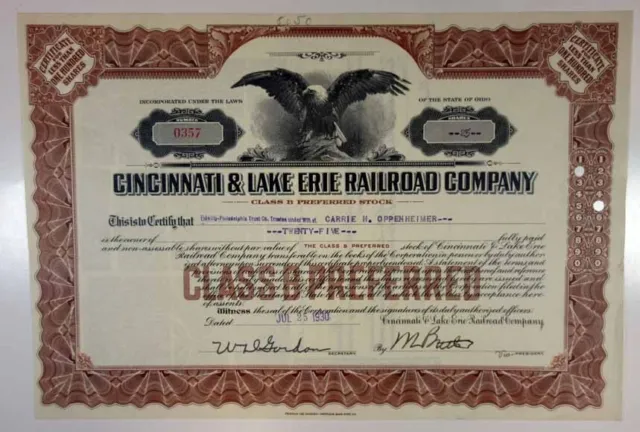 OH. Cincinnati & Lake Erie Railroad Co. 1930. 100 Shrs Preferred Stock Cert. XF