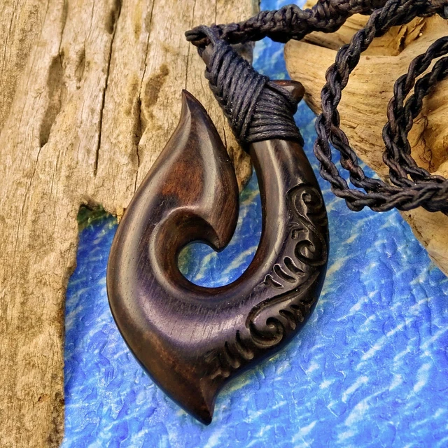 Large Fish Hook Pendant Macrame Necklace Hei Matau Hand Carved Black Wood, Large