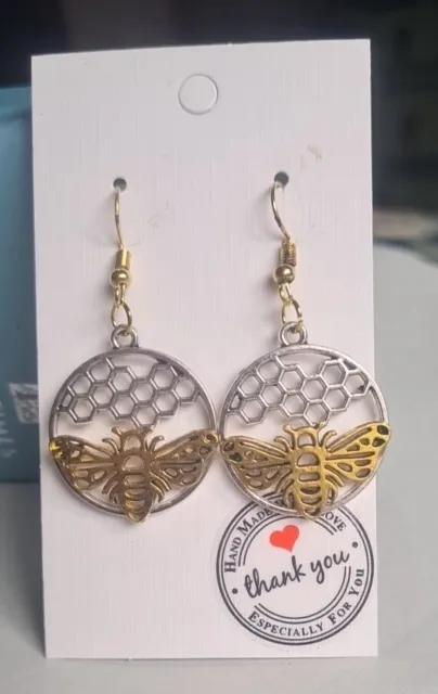 Gold Tone And Silver Tone Bee Honeycomb Statement Earrings Honey Bee