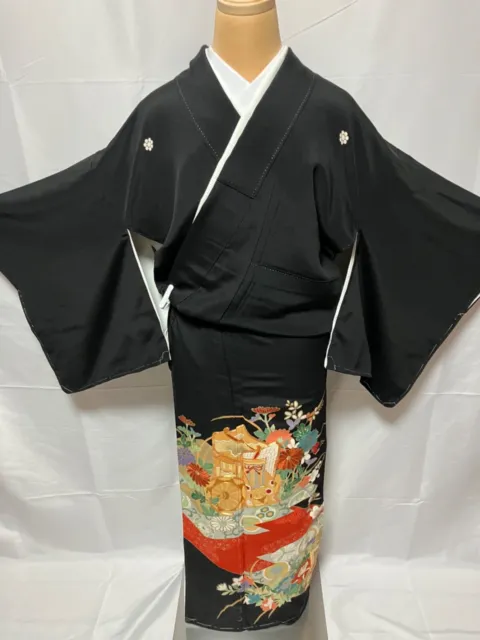K015 Japanese Vintage Kimono Tomesode/Family crest/Goshoguruma/Height 152cm
