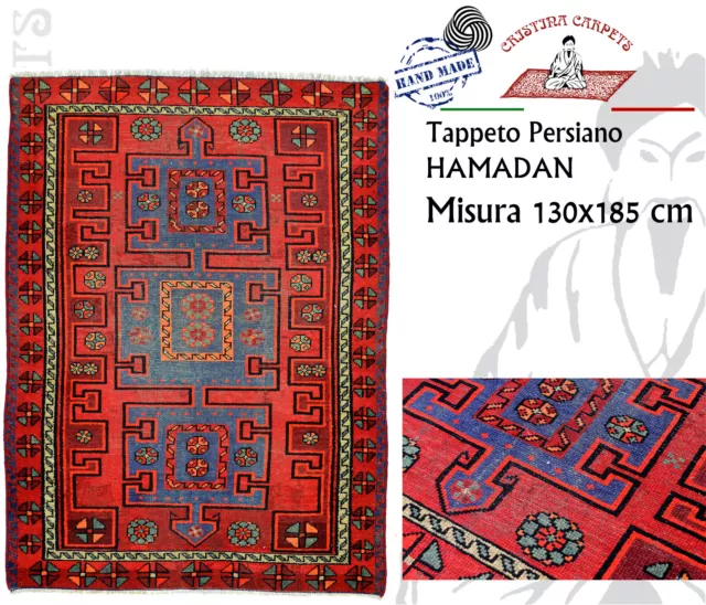 HAMADAN Tappeto Persiano Annodato a mano Lana e Cotone Rosso 130x185 cm Q1