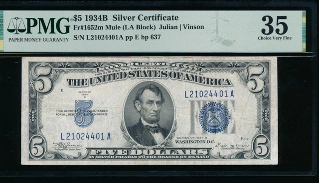 AC 1934B $5 Silver Certificate PMG 35 mule late back plate 637 Fr 1652
