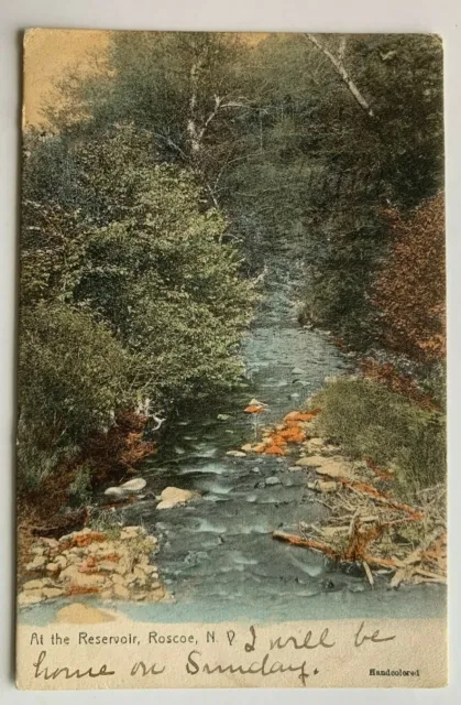 1906 NY Postcard Roscoe New York "At the Reservoir" brook stream Hand-colored