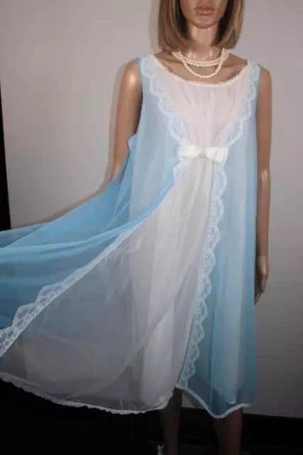 Vtg St Michael Blue 2 Layer Ultra Sheer Nylon & Lace Nightdress Size Xl Short