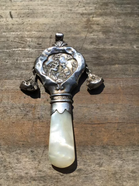 ANTIQUE SILVER BABY RATTLE BIRMINGHAM 1917c PIPER AND PIG DESIGN