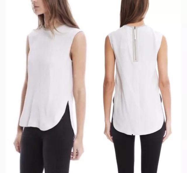 HELMUT LANG Tissue Silk & Leather Trim Sleeveless Blouse Top P / XS NWOT $295