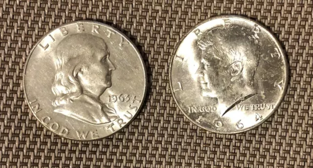 Lot Of 2 U.S. 90% Silver Half Dollars last Franklin 1963 First Kennedy 1964