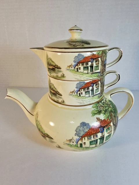 Royal Winton Grimwades Stacked Teapot - Red Roof Cottage Inn Country Scene 422
