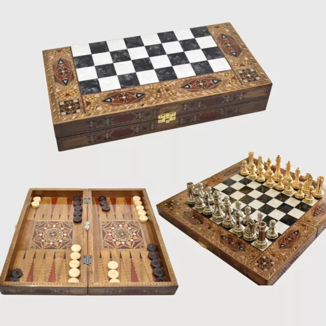 Backgammon and Chess Set, Handmad Rustic Mother of Pearl Stone Processing Carved