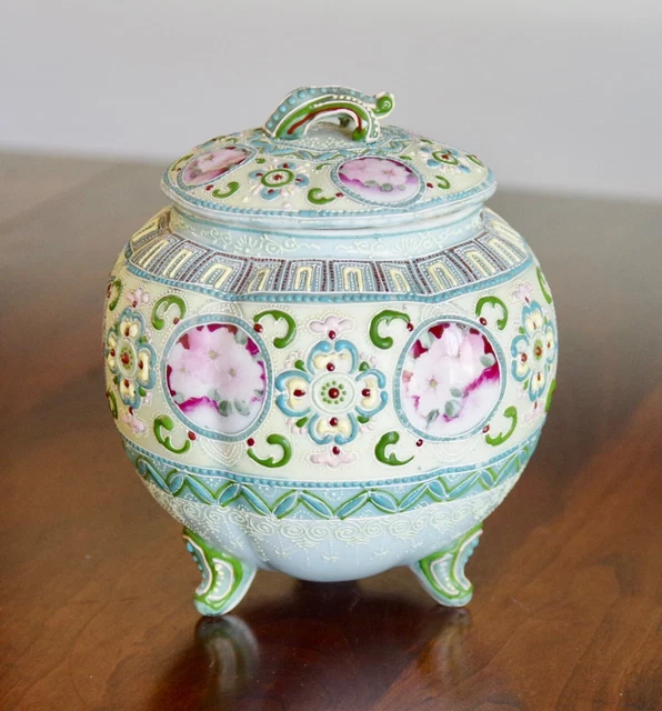 Vintage Mid Century Green, Pink & Yellow Ceramic Floral Footed Bowl Dish W/ Lid 