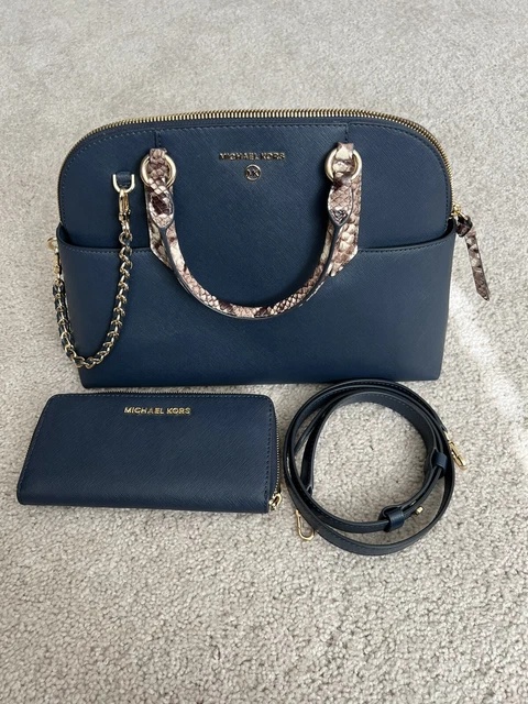 Michael Kors Hudson Leather Dome Shoulder Bag & Matching Wallet Navy