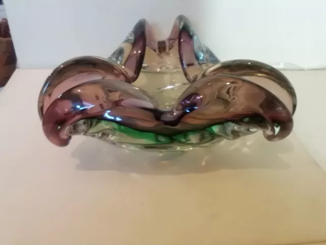 Piatto Labbra Murano Vintage Molto Pesante Verde & Viola Per Pulire Ottime Condizioni