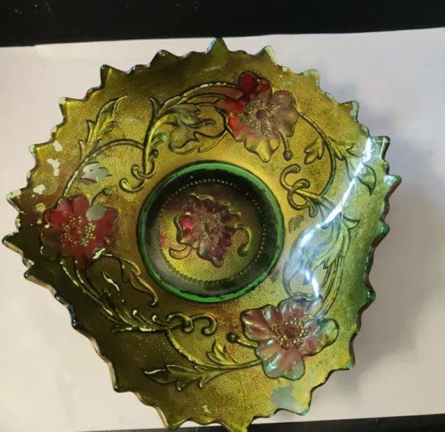 Antique Green Goofus Glass Bowl with Flowers