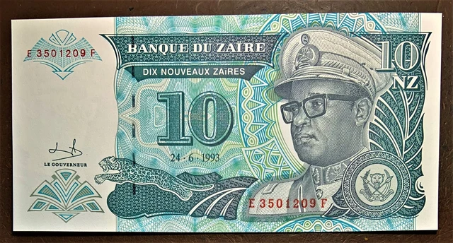 ZAIRE 10 nouveaux zaires 24-6-1993 P55 UNC Mobutu / building, fountain