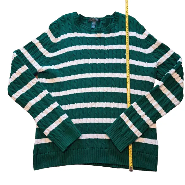 Lauren Ralph Lauren Sweater Cable Knit Womens Xl Green White Striped Preppy