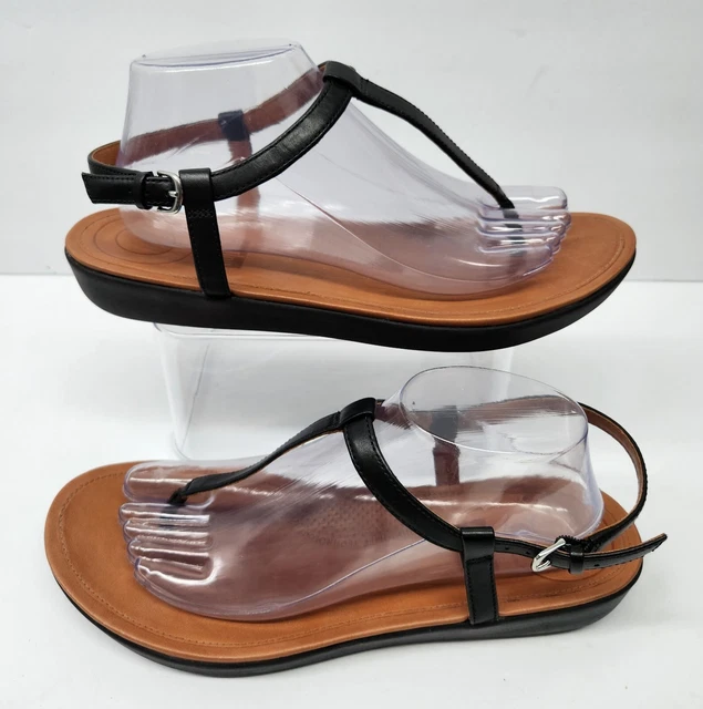FITFLOP L36-001 Womens Size 10 Black Leather T-Strap Thong Buckled Sandals