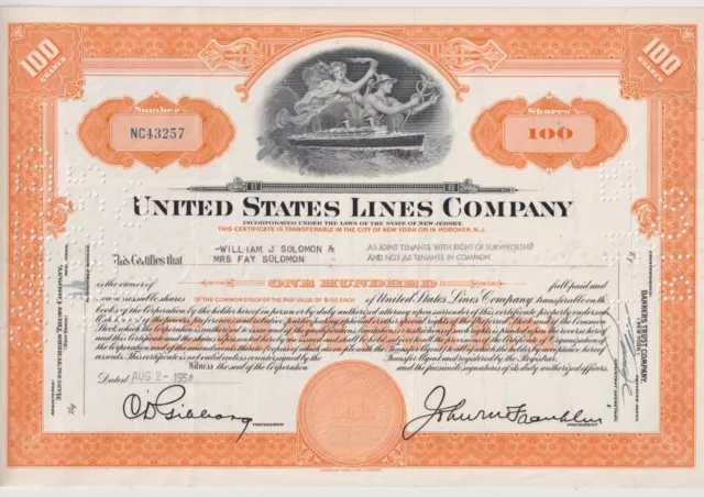 United States Lines Company Stock Certificate New Jersey Orange