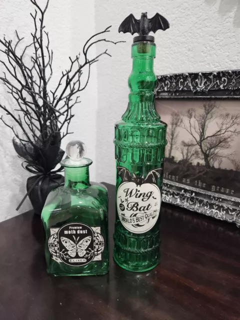 Halloween Green Glass Potion Bottle Wing Bat Figurine Tabletop Prop