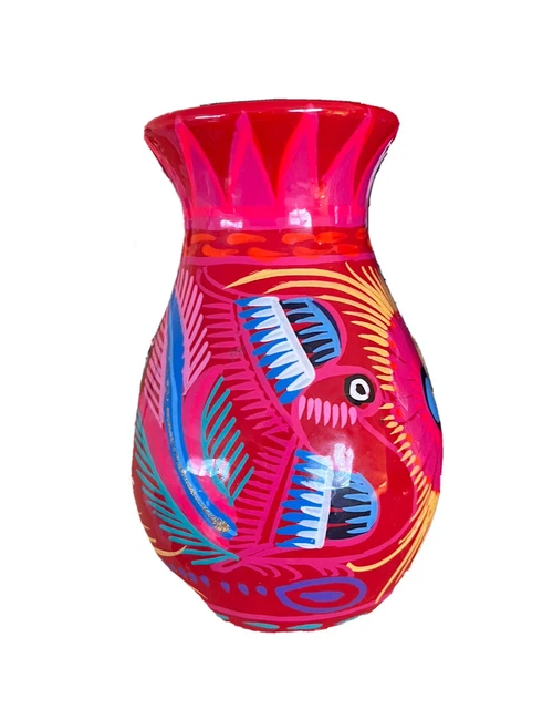 Talavera Pottery Mexican Folk Art Hand Painted Flower Vase Colorful Birds Pink