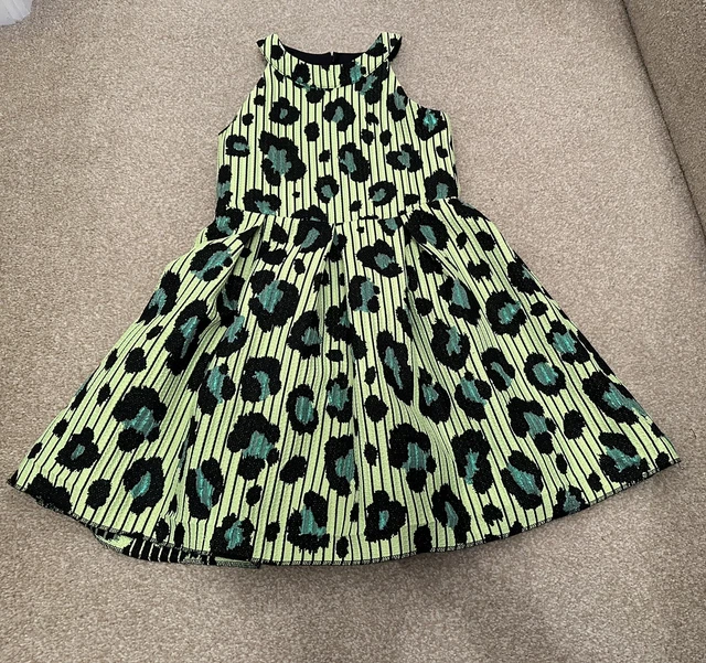 River Island Girls Neon Green Animal Print Leopard Dress Age 7 - 8 Years Rrp £30