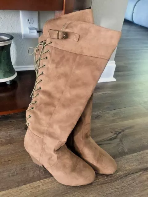 Womens Size 9 Tan Over Knee Lace Up Faux Suede Wide Width Boots -Euc!