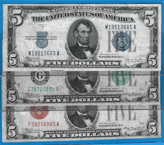 1928C/34A/34C,$5 USN/$5 FRN Chicago/$5 SC,3)Notes,Red/Green/Blue,Circ VF,Nice!