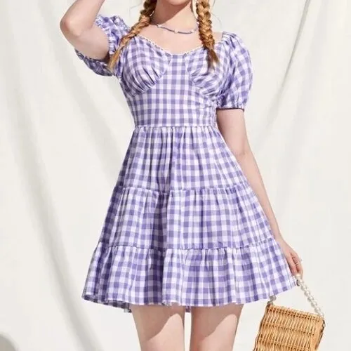 Womens Size 12-14 UK Purple Gingham Fit & Flare Puff Sleeve Dress Tiered L New