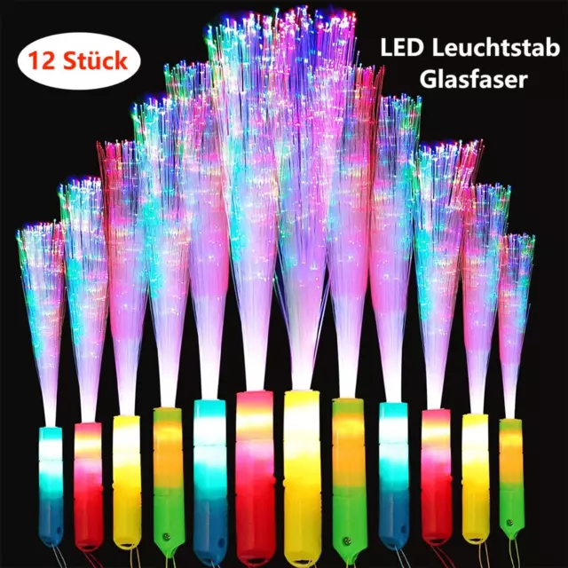 12 Stück LED Leuchtstab Glasfaser 4 Farben Blinkstab Partystab Leuchtwedel Set