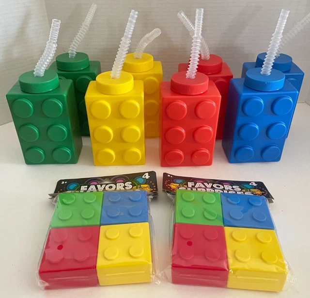 New Lot of 8 Lego Brick Kids Plastic Drink Sippy Cup w/ Straw & Party Favor Box