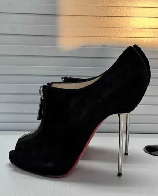 AUTHENTIC CHRISTIAN LOUBOUTIN Black Suede Leather Peep-Toe Bootie 37.5 ...