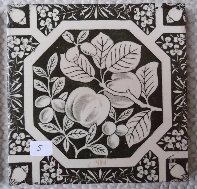Antique Aesthetic Period English Dk Brown Transferware 6" Tile w/Fruit - Booth