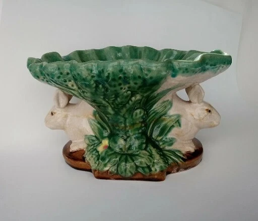 Vintage Double Rabbit Pedestal Centerpiece Bowl Compote ~ Majolica Style Pottery