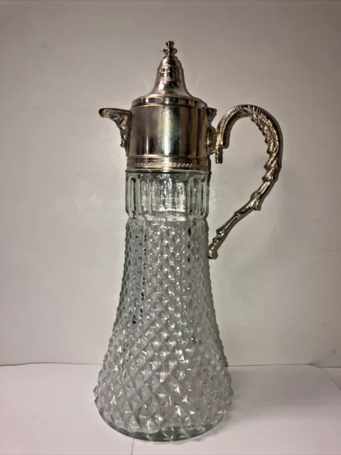 1930s Crystal Cut large Pitcher with Silver Plate Lid and Handle 14”x 5 1/2"