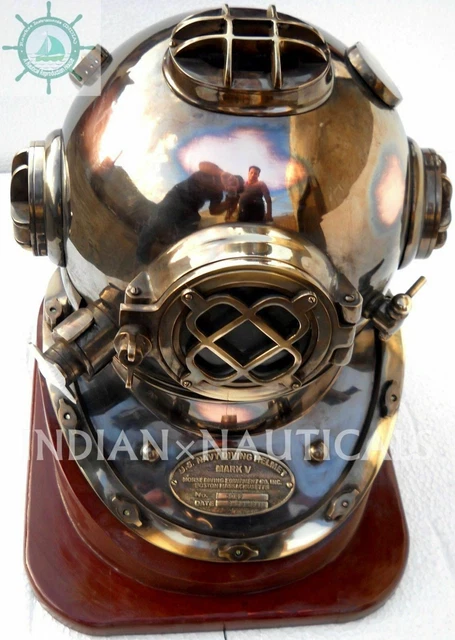 Casque De Plongée Vintage US Navy Mark V – 45,7 Cm, Rouge, Avec Socle En Bois